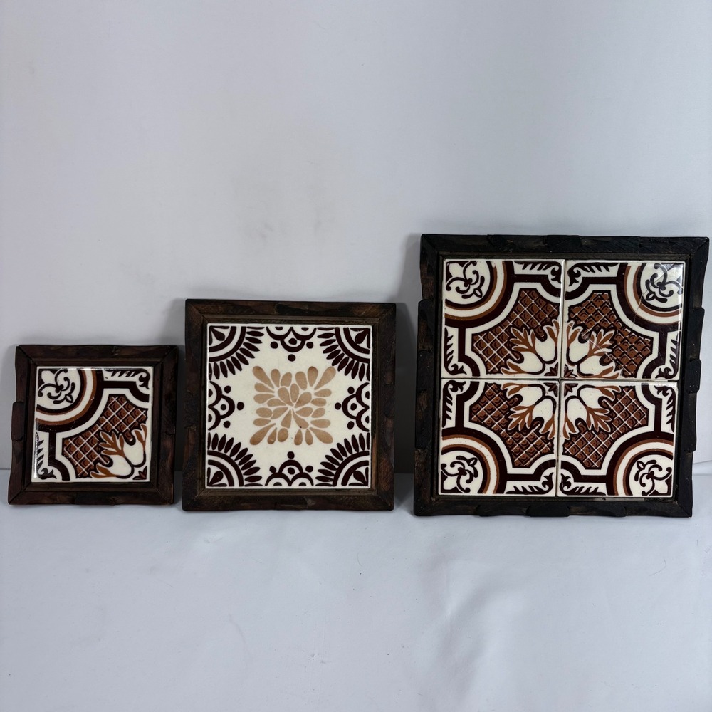 Vintage Mexican Tile Trivets Brown Wood Framed Set of 3 Hand Painted 70s Art